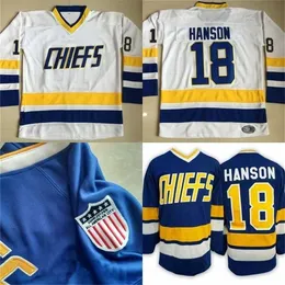 GLA MIT #18 JEFF HANSON Charlestown Jersey Mens Hanson Brother Slap Shot 100 ٪ Tritched Movie Movie Jerseys Blue White