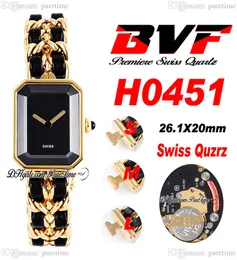 BVF 프리미어 H0451 Swiss ETA Quartz Ladeise Watch 18K Yellow Gold Black Dial Interwoven Leahter Strap Super Edition Women Watch Puretime C3