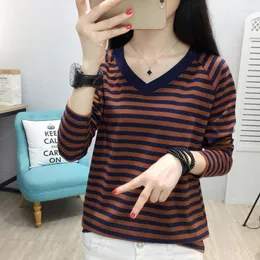 T-shirt da donna Shintimes T-shirt vintage Camicia a righe Donna manica lunga con scollo a V Cotone 2022 Donna Top Abbigliamento moda coreana Tee Femme