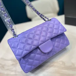 Borsa da Donna in Pelle di Agnello Trapuntata Viola Classica Matelasse Hardware in Metallo Argento Dorato Catena con Chiusura a Girevole Borsa a Tracolla a Doppia Patta Borsa da Esterno per Tutti i Giorni 25.5x17C