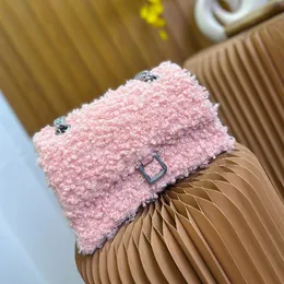 Lambhair Shoulder Bag Women Chain Leather Handbag Purse Solid Fluffy Crossbody Bags Fashion Hardware Letters Interior Zipper Pocket Mini Mobile Phone Bag