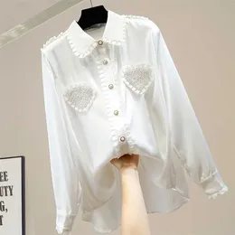 Bloups feminina camisas JSXDHK Mulheres de luxo de luxo comprido blusas brancas de primavera adorável miçanga de renda de chiffon pérola solta camisa solta femme 220923
