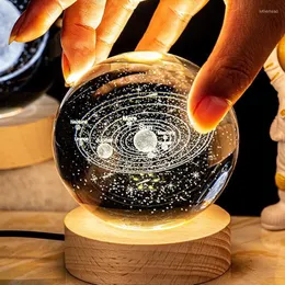 야간 조명 크리스탈 볼 우주 비행사 지구 글로브 3D 레이저 조각 태양계 터치 스위치 LED 라이트베이스 천문학 GIF
