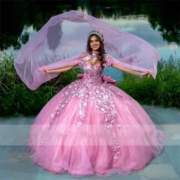 공주 핑크 볼 가운 Quinceanera 드레스 케이프 보우 셔더 아플리케이