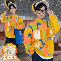 Pullover Ragazzi Autunno Inverno Maglione Lettere Graffiti Stampa Gioventù Plus Velluto Vestiti caldi Moda Blu e giallo 4 14 Y 220924