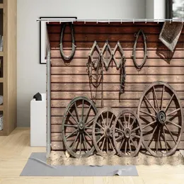 シャワーカーテン納屋の木馬車の車輪カーテン農家ヴィンテージ穀物素朴な壁生地バス防水浴室の装飾