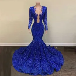 Abiti da festa Royal Blue Paillettes Africano Nero Ragazze Abiti da ballo Plus Size Manica lunga Prom Abito da festa Sheer Oneck Abito da sera a sirena 220923