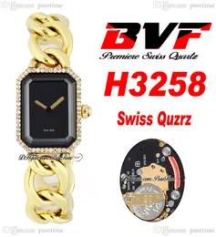 BVF Premiere H3258 Swiss ETA Orologio al quarzo Ladeise Oro giallo 18 carati Diamanti Lunetta Quadrante nero Bracciale in acciaio inossidabile Super Edition Orologio da donna Puretime D4