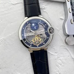 Os homens assistem Tourbillon de aço inoxidável dois pontos de 46mm de luxo de 46 mm de luxo com relógios mecânicos automáticos fasia de lua de falha de cinta de couro