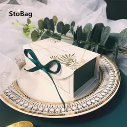 Prezent Stobag 20pcs Zielone pudełko na przyjęcie Urodzinowe Pak impreza Baby Shower Pakiet czekoladowe ciasteczka dekoracja z wstążką 220922