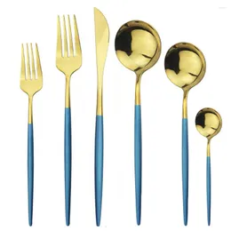 Flatware Sets 24Pcs Blue Gold Set Knife Fork Spoon Cutlery 304 Stainless Steel Dinnerware Mirror Tableware Silverware