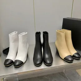 Kvinnor 2022 Autumn Winter Ankle Boots äkta läderskor Fashion Desinger High Wedge Block Heel Round Toe Side Zipper