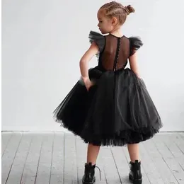 Ny Black Tull Princess Flower Girl's Dresses With Lotus Leaf Sleeves Pageant Children Ball Gown till Christmas Formal Wedding