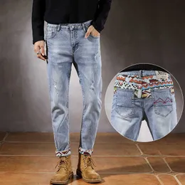 Männer Jeans Herbst Männer Dünne Europäische Amerikanische Stickerei Stretch Ripped Loch Patch Denim Hosen Casual Trend Hosen 220923