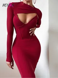 Sıradan elbiseler hn kesim seksi bodycon peplum noel midi elbise kadınlar zarif v boyun kemikli uzun kollu sonbahar partisi gece kulübü elbiseler T220905