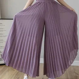 Calças femininas Capris Fashion Streetwear Pleated Culotte Mujer Blue Black Purple Chiffon Troushers Stretch With High Wide Large Women 220922