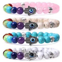 Natural Chakra Stones P￤rlade str￤ngar Fatima Evil Eye Charm Armband Black Lava Tiger Eyes Turquoise Amethyst Agate Quartz Beads Armband Smyckesg￥vor f￶r kvinnor