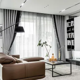 Gardin moderna gardiner för levande matsal sovrum amerikansk stil svart och vit grå chenille sömmar franska fönster