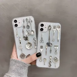 Capinhas de cozinha de metal 3D fofos Simulação criativa de metal colher de metal maço de mesa de mesa de tabela transparente tampa de TPU macia transparente para iPhone 14 13 12 11 Pro Max xr xs 7 8 SE2 Plus