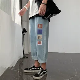 Herr jeans mode tryck blå byxor för mens japanska harajuku streetwear tonåringar plus storlek denim kläder pojkvän baggy jean byxor 220923