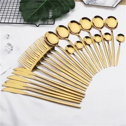 Dinnerware Sets 24pcs Gold Stainless Steel Tableware Knife Fork Spoon Flatware Dishwasher Safe Silverware Cutlery 220922