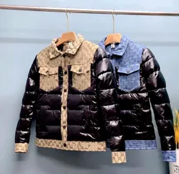 Giacca da uomo Cappotto invernale Giacca a vento in cotone Piumino d'anatra Giuntura in denim Stampa di lettere Parka caldo spesso Giubbotti imbottiti Moda casual Taglie forti