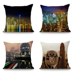 Kudde modern stad nattvy bild tryckstolslinne f￶r soffa heminredning el dekoration dekorativ kast 45x45 cm