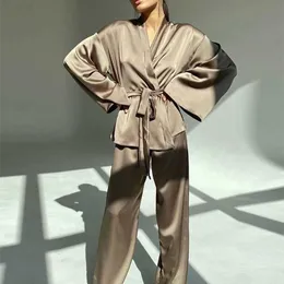 Kvinnors blusar skjortor Claceive Fashion Loose Satin Pants Set Women Casual Long Sleeve Shirts Wide Trousers Suits Elegant Home Wear Two Piece Robe Set 220923