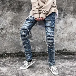 Men's Jeans Severe worn Ripped vintage wash blue jeans Pleated skinny motorcycle biker couple men hip hop street denim trousers 220923