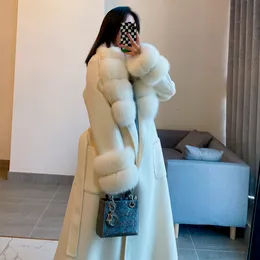 Women s Fur Faux FURYOUME Winter Women X long Cashmere Wool Blends Real Coat Luxury Jacket Belt Natural Collar Cuffs Streetwear 220926