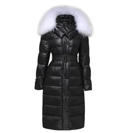 Jaqueta de inverno para mulheres espessou a média e a cintura longa, fechando o pato branco, para cima, um casaco quente e quente