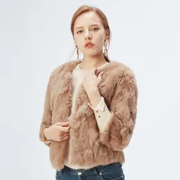 Women s Fur Faux Full Pelt Jacket Design Rabbit Coat Natural Wholeskin O Neck Fashion Slim Thin Crop 220926