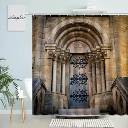 Tende da doccia Tenda per porta in legno vintage vecchia Marocco Edificio ad arco in pietra Muro di mattoni Bagno impermeabile Deco con gancio