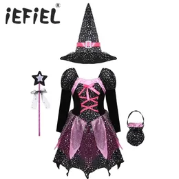 Special Occasions Kid Girls Halloween Witch Costume Sparkly Silver Stars Printed Carnival Cosplay Dress with Pointed Hat Wand Up Clothes 220922