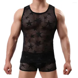 Unterhemden Herren Unterhemd 2022 Mesh See-Through Sexy Sheer Top Fünfzackiger Stern aushöhlen zum Schlafen