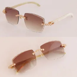 Original weiße, echte, natürliche Büffelhorn-Randlose Sonnenbrille für Damen, 3524012, Moissanit-Diamant-Set, Brille, Herren, quadratische Sonnenbrille, männlich und weiblich, 18 Karat Gold