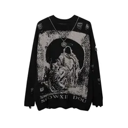 Mens Sweaters Send Necklace Ripped Oversized Frayed Knitted Harajuku Streetwear Tops Black Gothic Men Y2k Grunge Women Red Sweater 220923