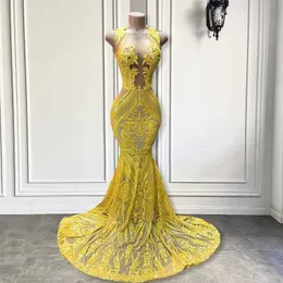 Sukienki imprezowe Prawdziwe, eleganckie sukienki na studniówkę Dopasowane Sheer Oneck Syrek Blaskly cekinowa żółta afrykańskie czarne dziewczęta gala gali 220923