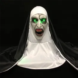 Party Masks LED -skr￤ck Nun Mask Cosplay Scary LaTex med huvudduk LED -ljus Halloween Props Deluxe 220922