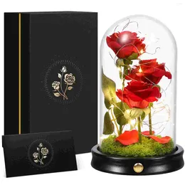 Fiori decorativi ETEREAUTY Tre rose di fiori in cupola di vetro con petali caduti 4 modalità 30 luci a LED Confezione regalo di auguri per San Valentino