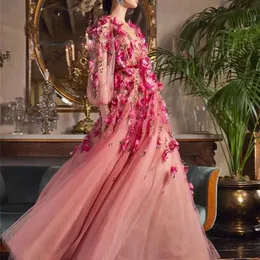 Party Dresses Rose Pink Prom Dresses 3d Floral Flowers Longeple V Necklinje Custom Made aftonkl￤nningar Golvl￤ngd Tulle Party Dress 220923