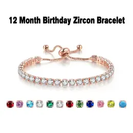 12 cores 4mm Redonda redonda Crystal Tennis Bracelet ajustável para mulheres banhadas a ouro azul verde Branco Cz Pedras cúbicas zirconia por atacado Jóias de pedra de nascimento