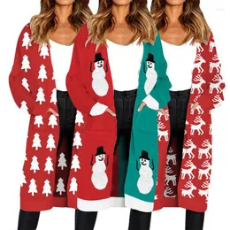 Kvinnors tröjor Kinted Christmas Tree Snow Deer Tryck Lång tröja Cardigan Autumn Winter Casual Sleeve Pocket Warm Women's Coat