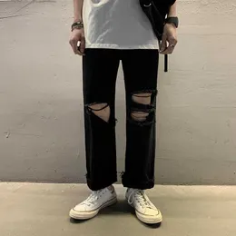 Men's Jeans Ripped Hole Black Men Personality Fashion Streetwear Straight Loose Motorcycle Denim Wide Leg Pants Male Brand Clothing 220923