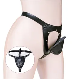 Slip Mutandine Lingerie sexy Pelle da uomo con apertura sul cavallo Cintura di castità regolabile Pantaloncini Fetish BDSM Panty 220922