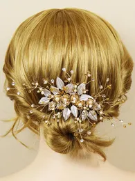 Headpieces Aristocratic White Leaf Hair Comb Handmade Gold Crystal Rhinestone Headbands Flower Jewelry Wedding Bridal Accessories