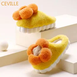 Slippers Winter Warm Slippers Women 4cm High Heels Nonslip Plush Cotton Shoes Korean Style Cute Flowers Home Bedroom Ladies Fur Slides 220926