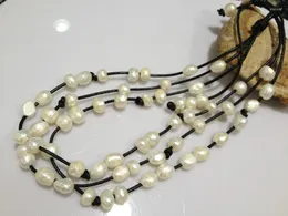 Kedjor barock sötvatten pärlhalsband flerskikt svart läder för kvinnor avslappnad vit grå multicolor real pärlor