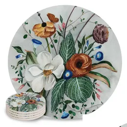 Mats Pads Magnolia Flower Round Set Antiscivolo Resistente al calore Sottobicchieri per bevande in ceramica per caffè Decorazione della tavola Tovagliette Drop Delivery 2021 Dhm4B