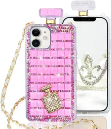 Luksusowy 3D Bling Perfume Bottle Połączenia telefonu iPhone'a 14 13 12 11 XR 7 8 Samsung S21 S22 Elegancki brokat pełny diamentowy kryształowy kryształ z okładką ochronną paska